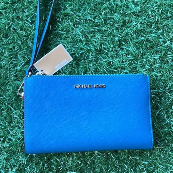 Michael Kors Large Double Zip Leather Wallet Wristlet Phone Case Lagoon - Picture 1 of 16